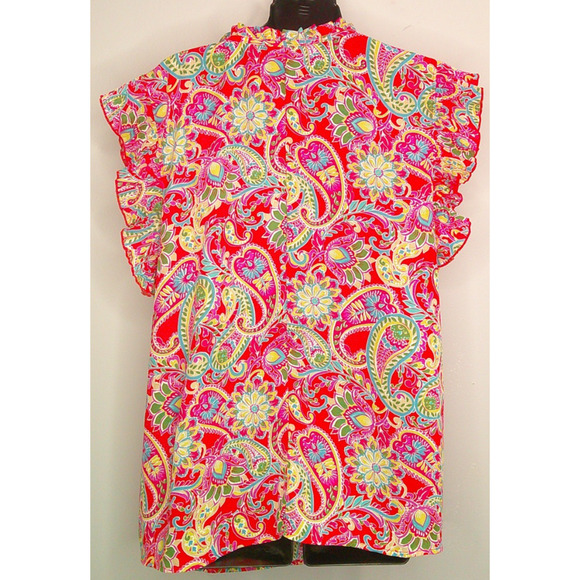 Chenault 1X Flutter Sleeve V-Neck Blouse Short Sleeve Paisley Floral - Picture 3 of 6